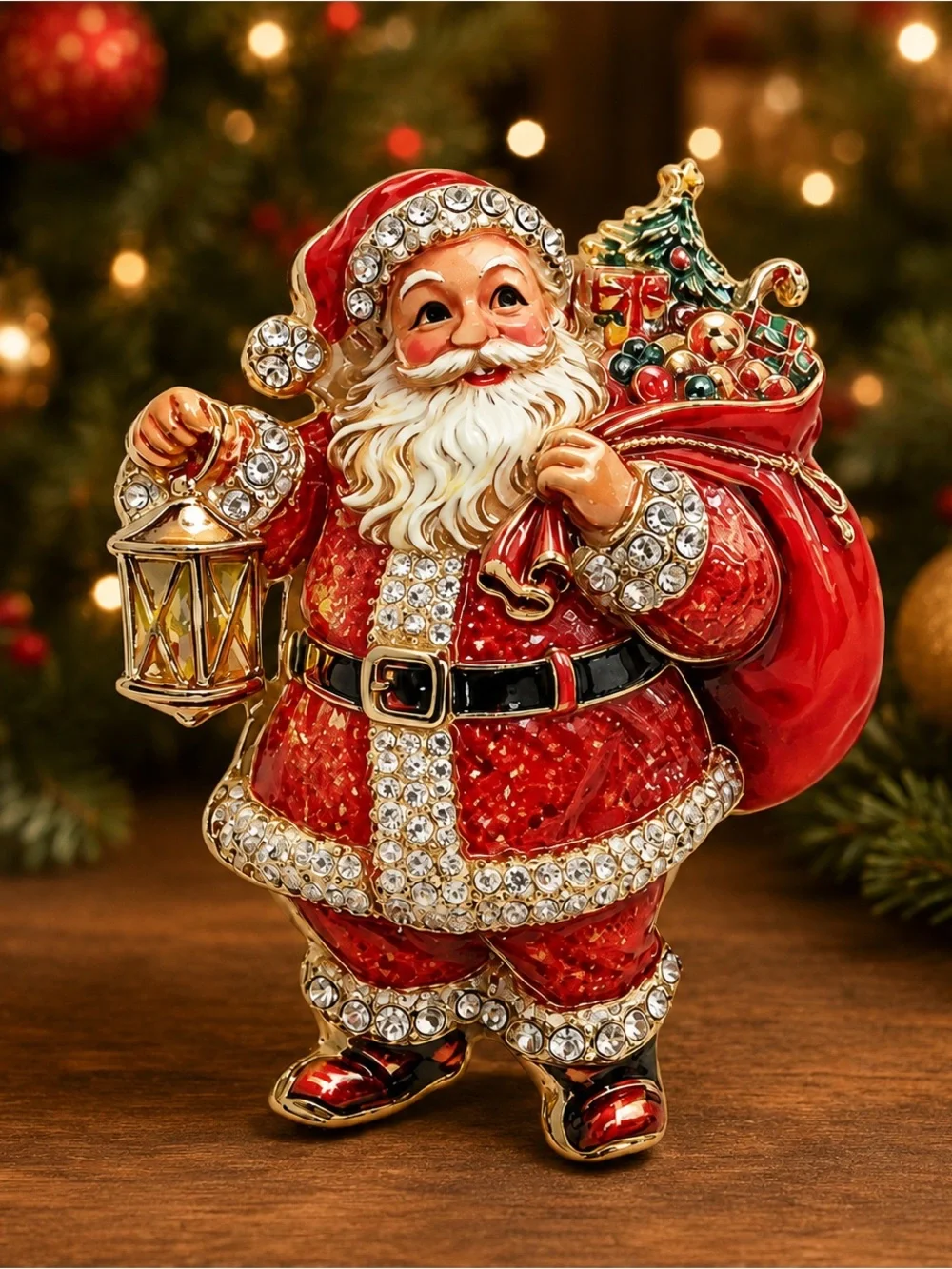 Cute Santa Claus Gold Lantern Holiday Brooch